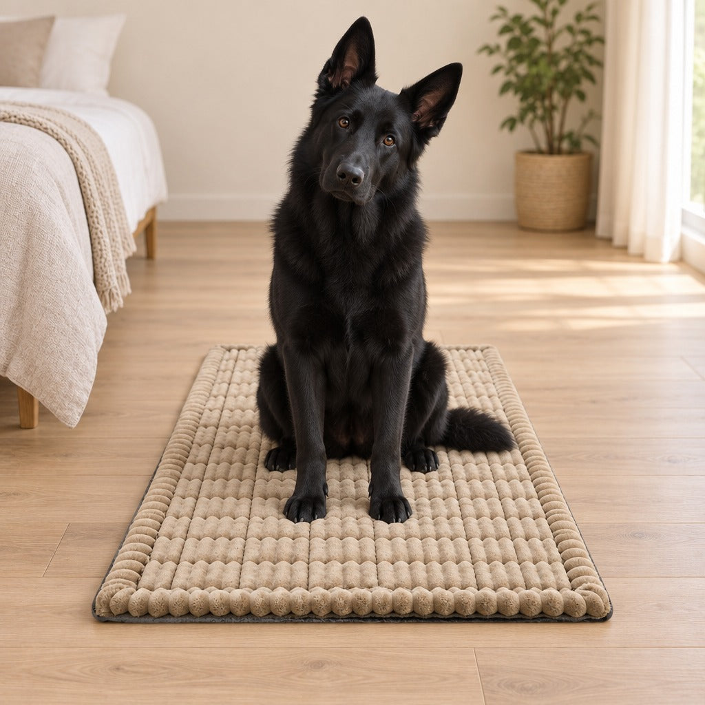 Un berger allemand noir assis au milieu du tapis beige sable posé au pied d'un lit dans une chambre claire.