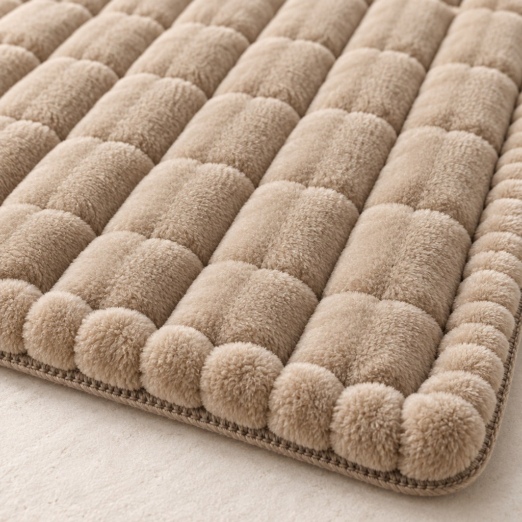 Gros plan sur les côtes de peluche matelassées du tapis beige sable et sur le bourrelet roulé qui ferme son bord.