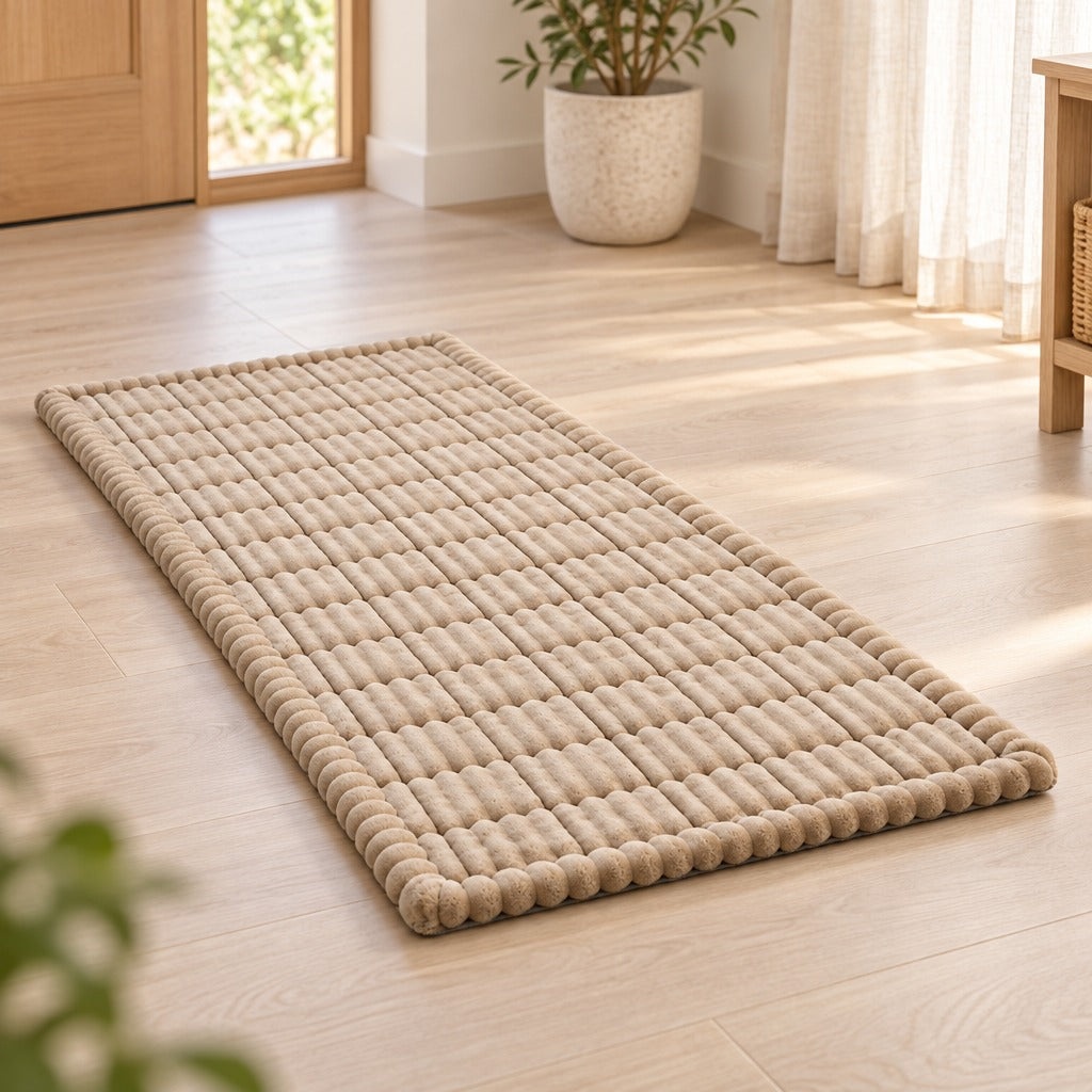 Le tapis beige sable seul, posé à plat sur le parquet clair d'une entrée.
