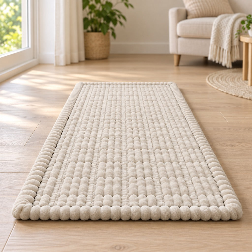 Le tapis écru seul, posé à plat sur le parquet clair d'une pièce lumineuse.