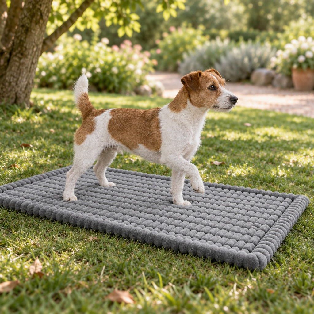 Un jack russell fauve et blanc debout sur le tapis gris perle posé à plat sur la pelouse d'un jardin.