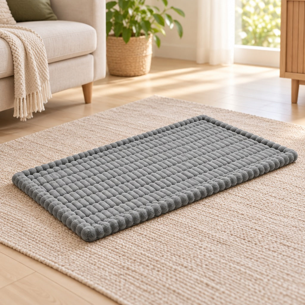 Le tapis gris perle seul, posé à plat sur un tapis tressé clair dans un salon.