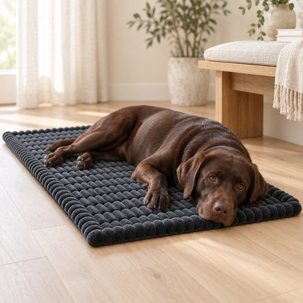 Un labrador chocolat couché sur le tapis gris anthracite posé à plat sur le parquet clair d'un bureau.