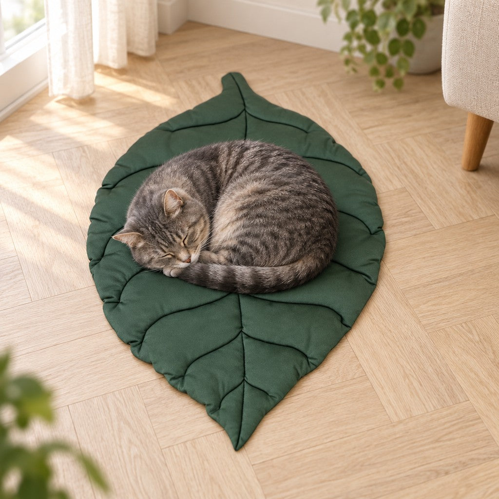 Chat tigré gris roulé en boule sur le tapis feuille vert foncé, posé à plat sur un parquet clair