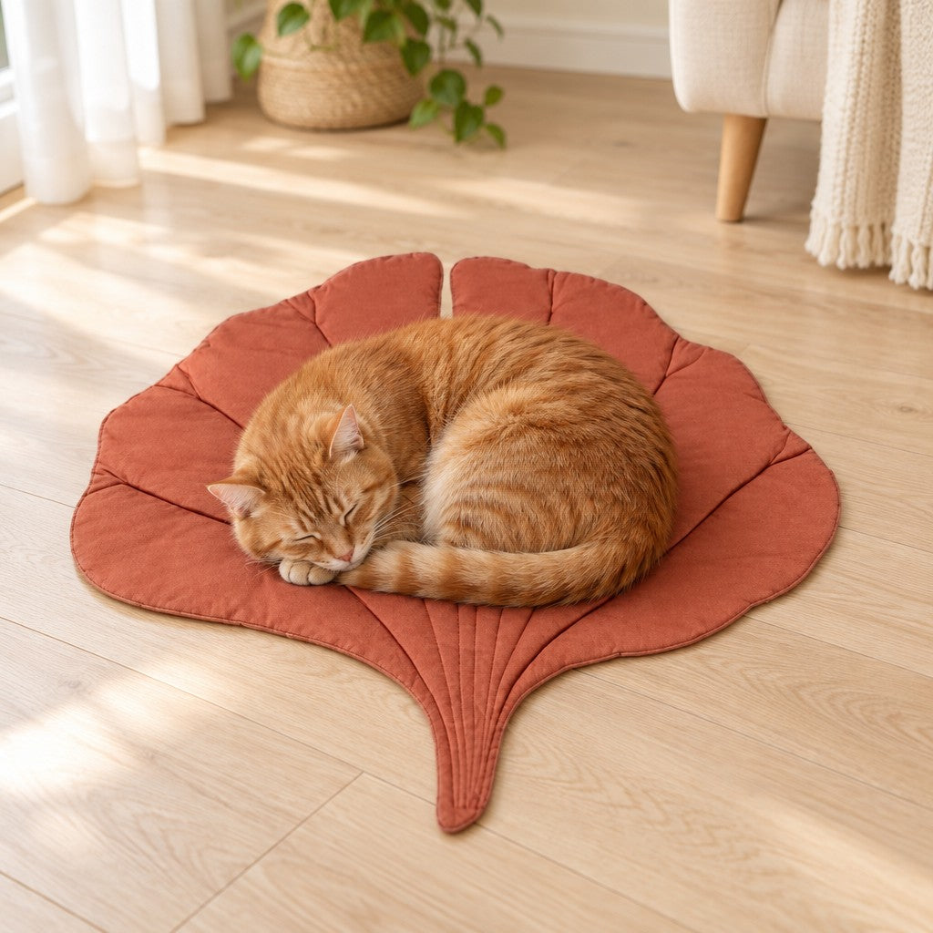Chat roux endormi sur le tapis feuille de ginkgo terracotta, posé à plat sur un parquet clair