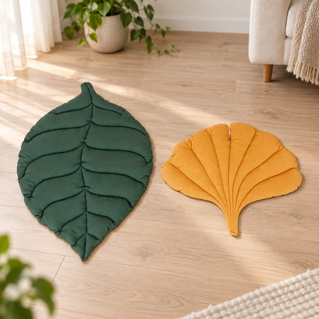 Les deux tapis côte à côte sur un parquet, la feuille ovale verte et la feuille de ginkgo jaune