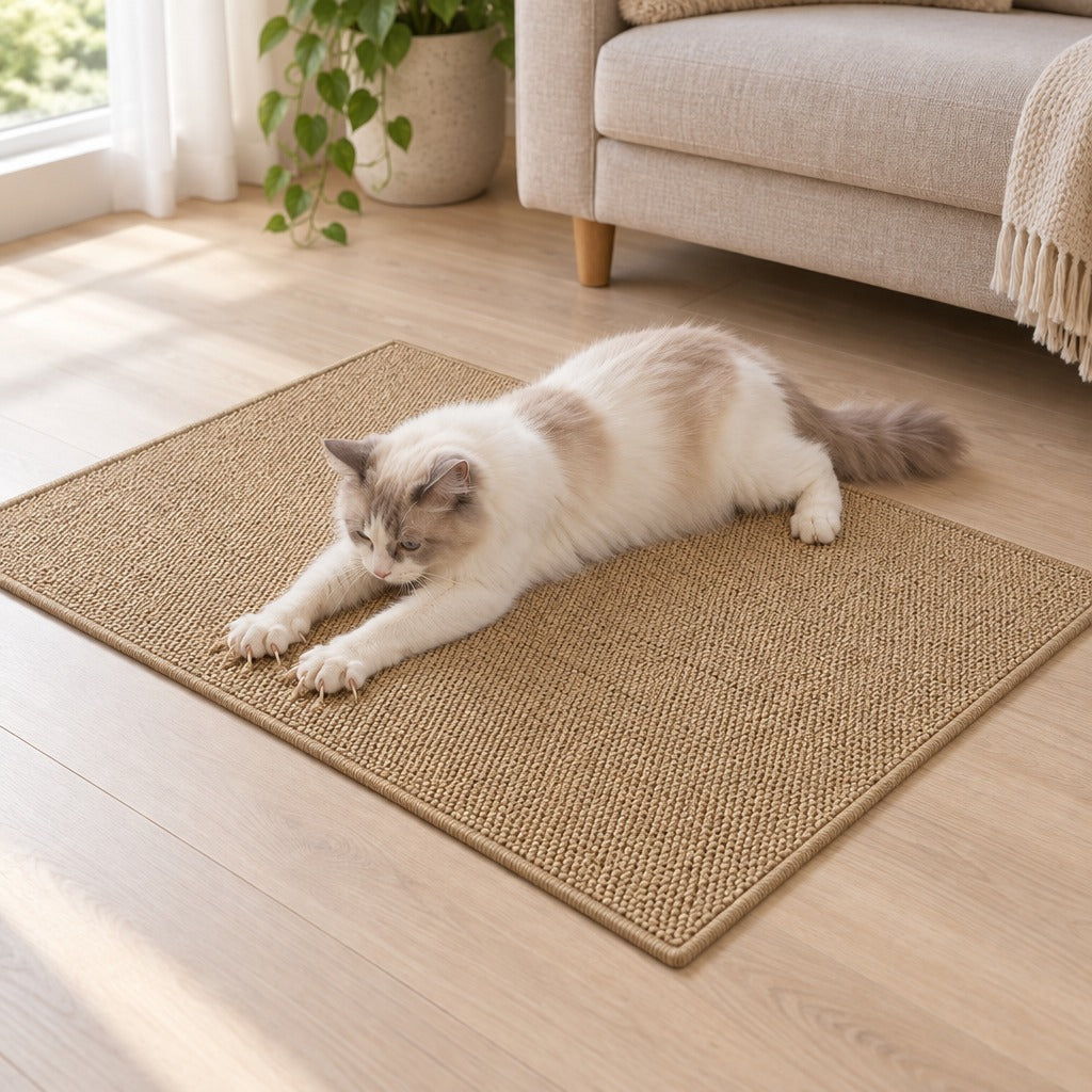 Le tapis camel posé à plat dans un salon, un chat allongé dessus