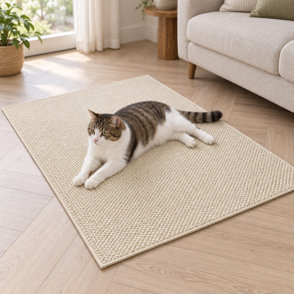 Le tapis blanc cassé posé à plat dans un salon, un chat allongé dessus