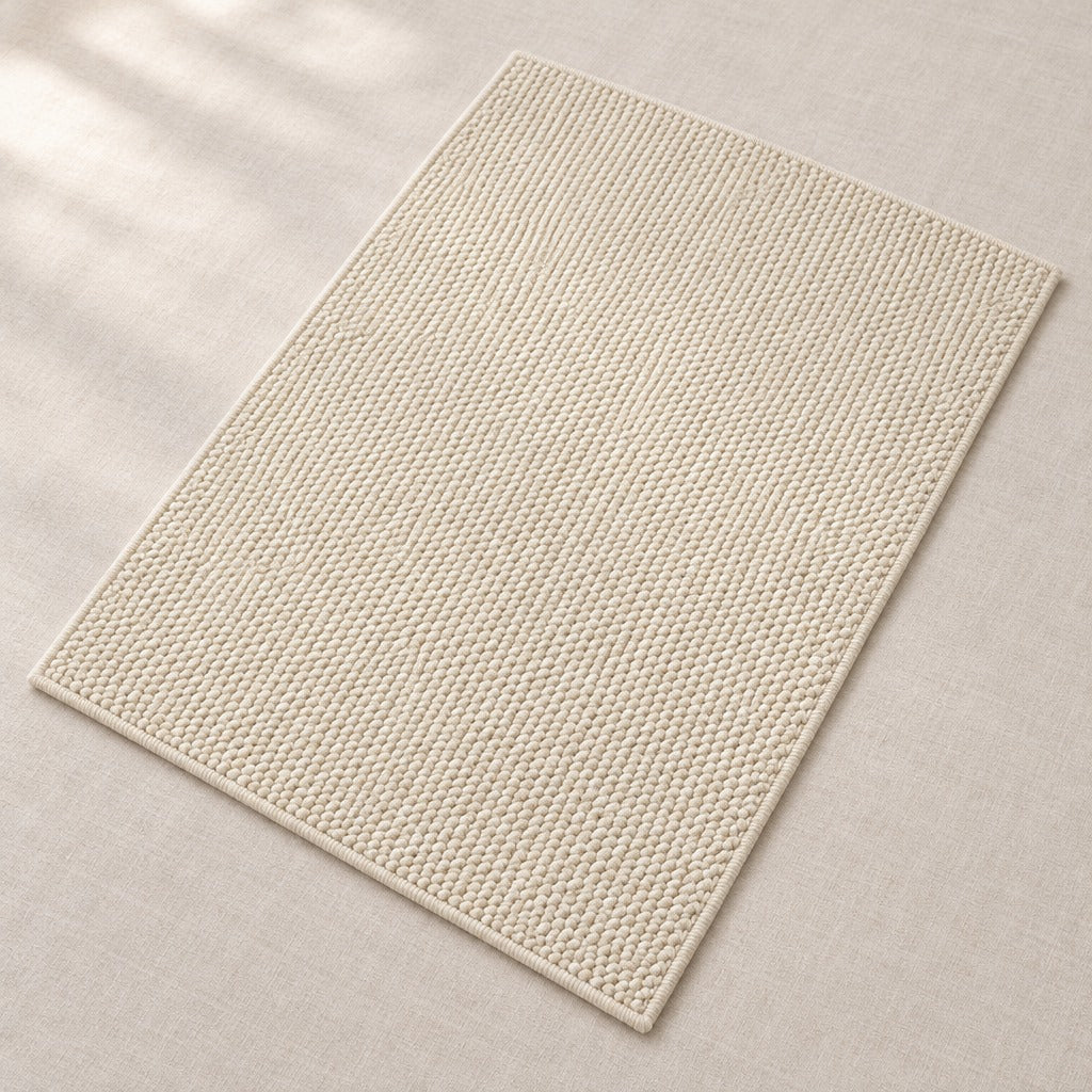 Le tapis blanc cassé vu de dessus, les quatre côtés surjetés