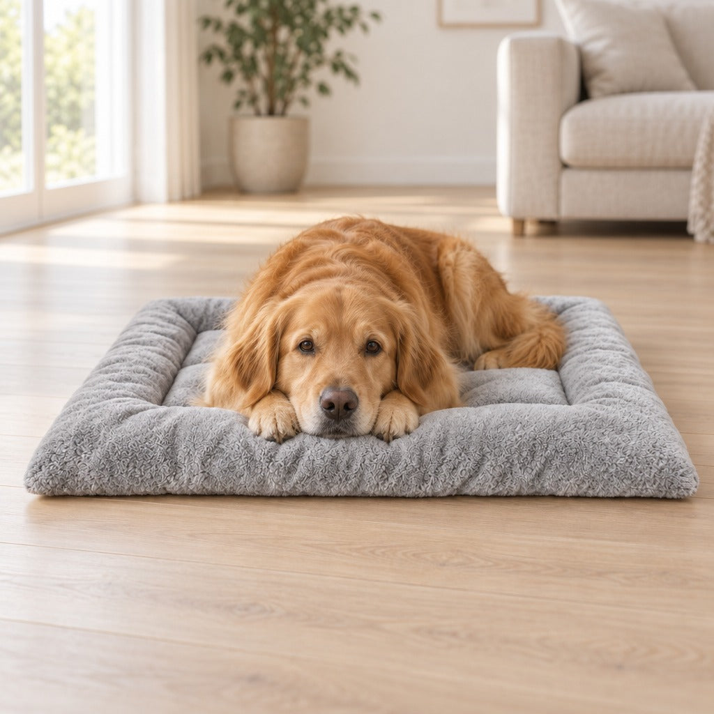 Golden retriever sable couché sur le tapis matelassé gris perle, le menton posé sur ses pattes avant, dans un salon clair.