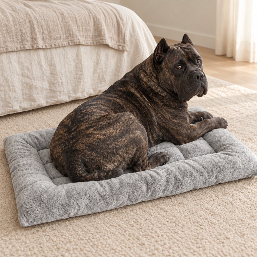 Cane corso bringé installé sur le tapis matelassé gris perle au pied d'un lit, la tête tournée vers l'objectif.