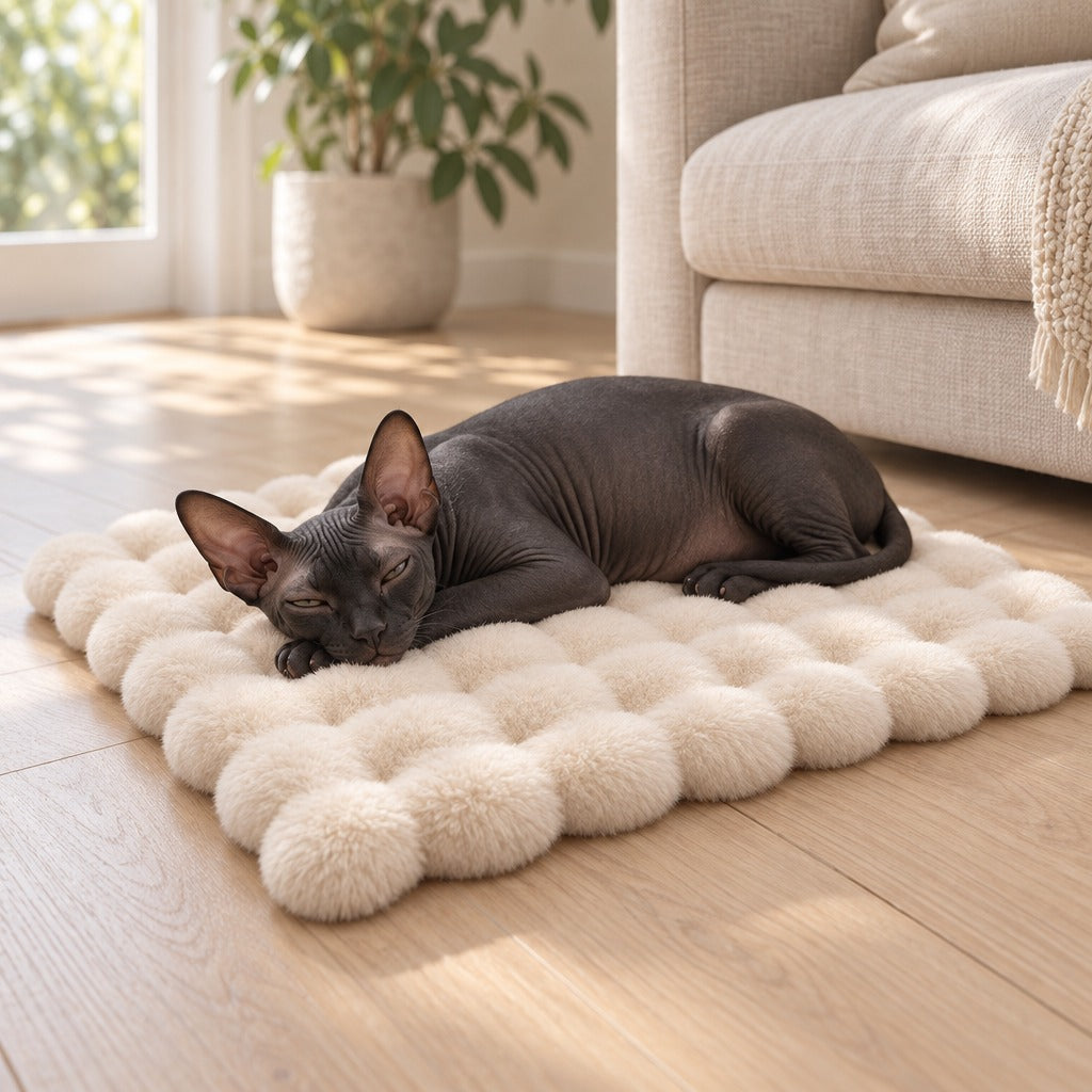 Un chat sphynx noir complètement détendu sur le tapis crème posé à plat près d'un canapé en lin.