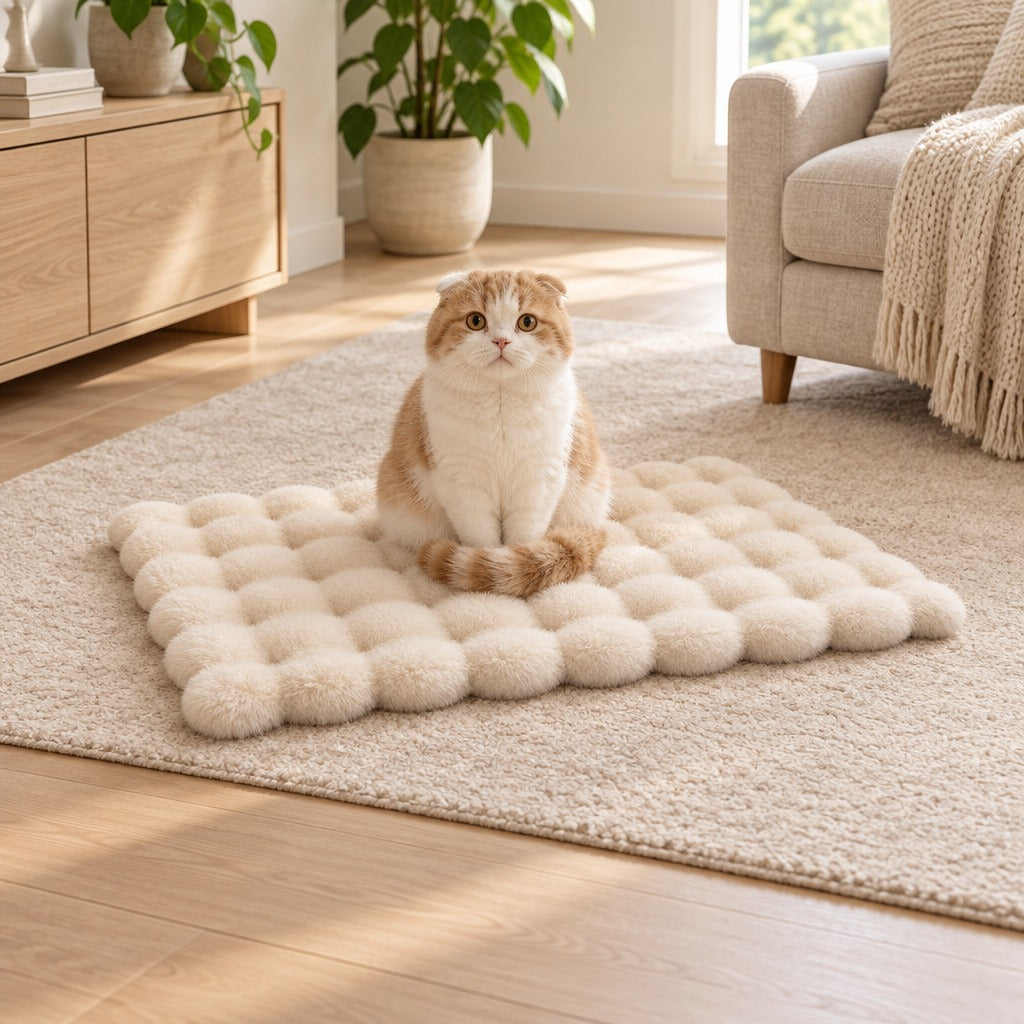 Un chat highland fold roux et blanc assis bien droit sur le tapis crème, dans un salon clair.