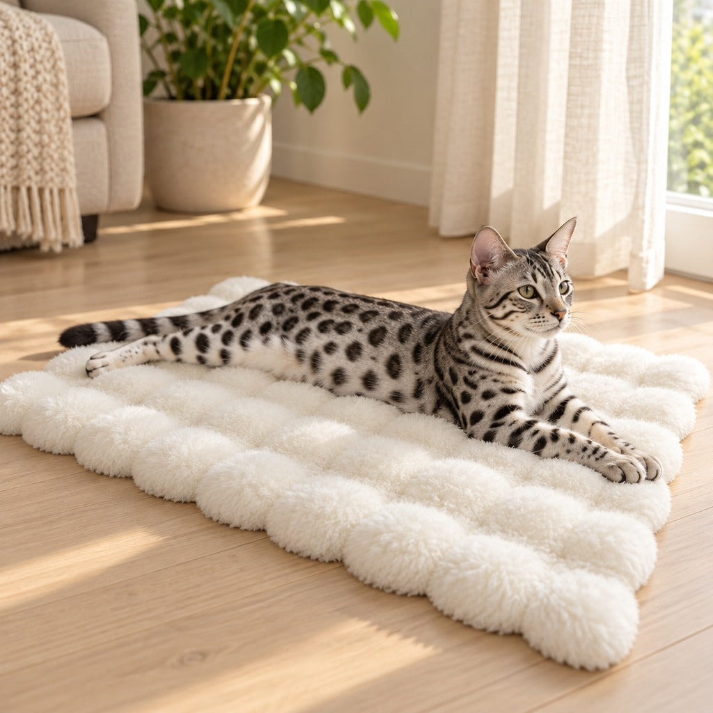 Un chat ocicat tacheté allongé de tout son long sur le tapis blanc, près d'une fenêtre lumineuse.