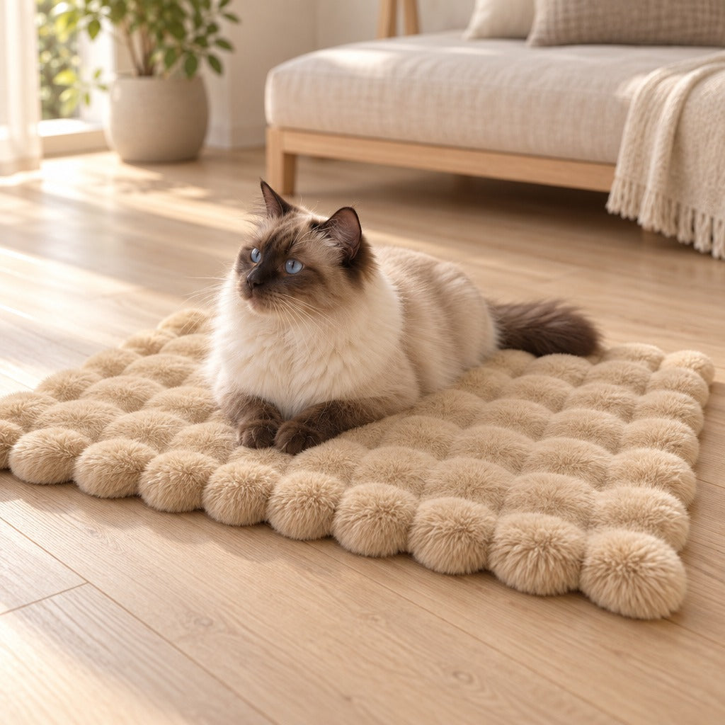 Un chat birman seal point couché la tête relevée sur le tapis camel, dans une pièce lumineuse.