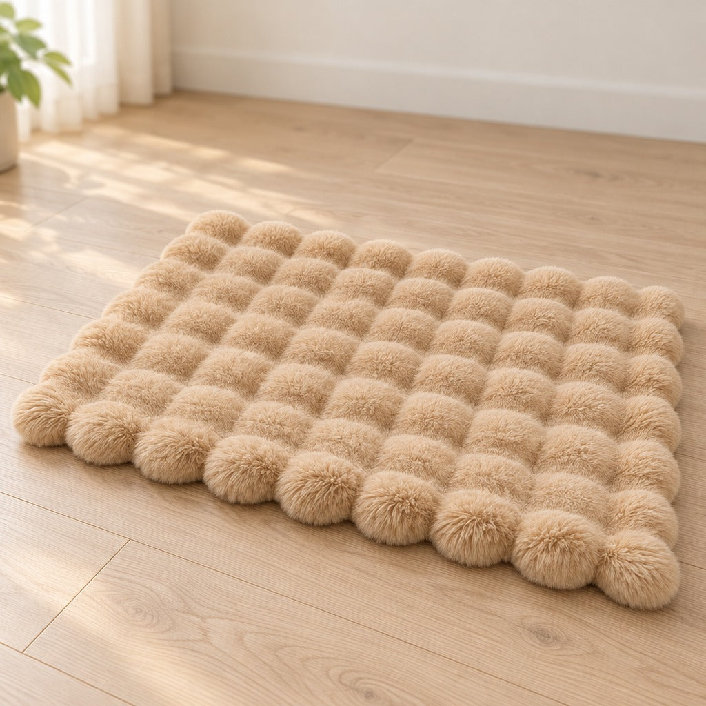 Le tapis camel seul, posé à plat sur un parquet clair, vu de trois quarts.