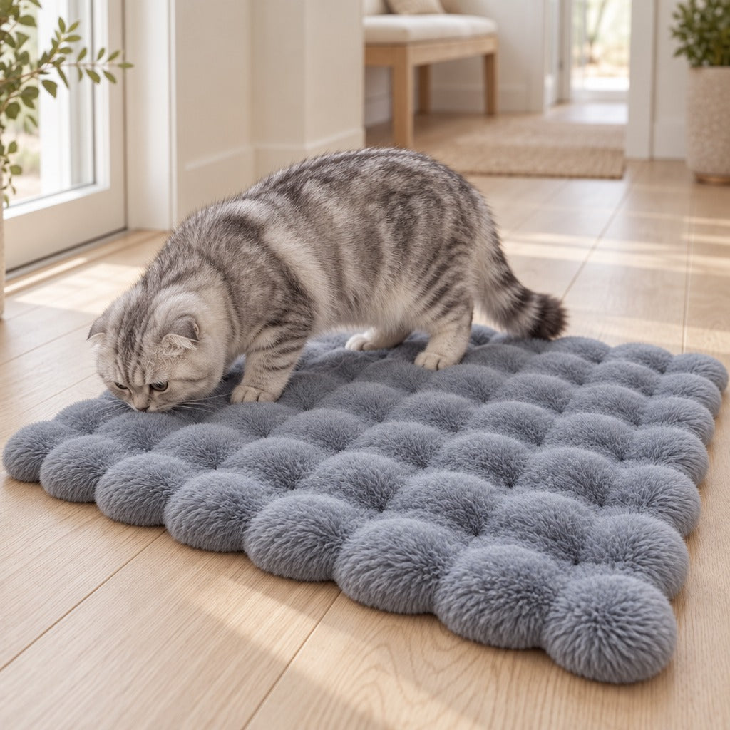 Un chat highland fold silver tabby renifle le bord du tapis bleu ardoise posé à plat sur un parquet clair.