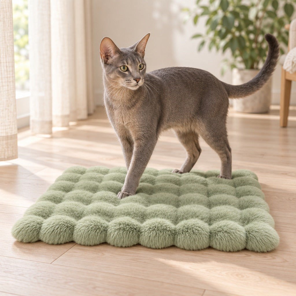 Un chat chausie gris bleu debout sur le tapis vert sauge, dans une pièce claire.