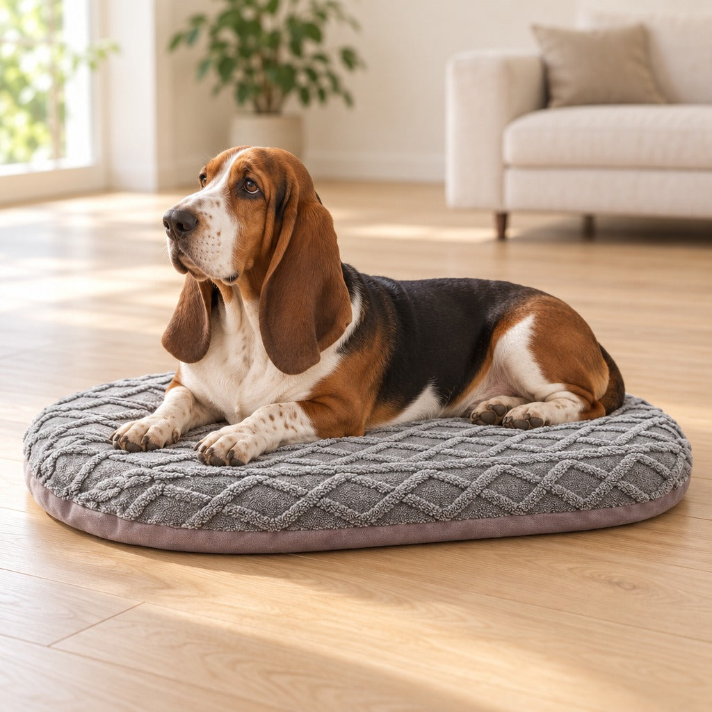 Basset hound tricolore couché sur le tapis gris perle posé à plat sur un parquet clair, dans un salon lumineux.