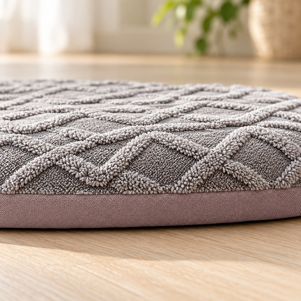 Gros plan du relief jacquard et de la bande de tranche du tapis gris perle pour chien.