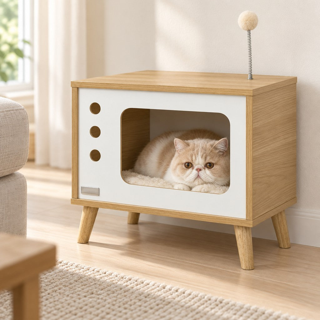 Chat crème et blanc couché sur le coussin à l'intérieur du caisson, le menton posé sur le bord de l'ouverture.