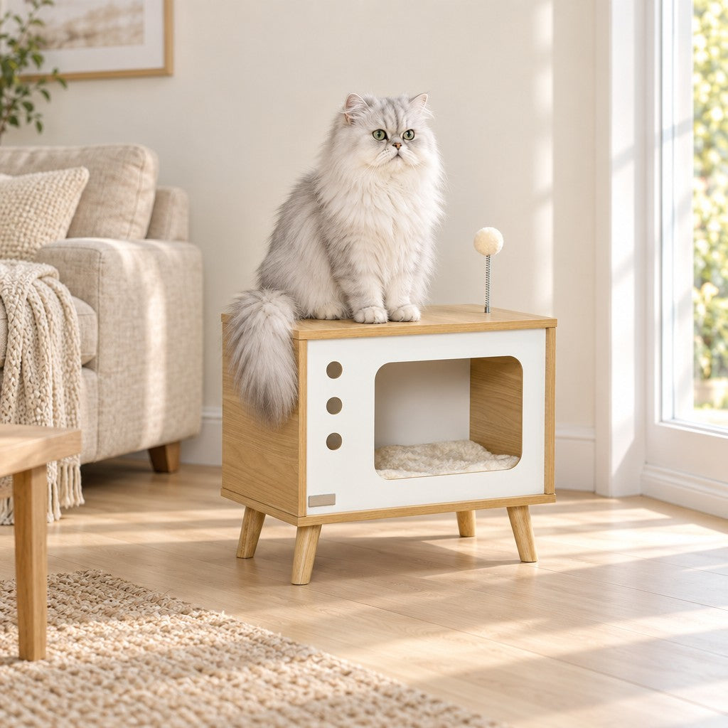 Chat gris argenté à poil long assis sur le plateau supérieur en bois clair, la queue retombant sur le côté, dans un salon lumineux.
