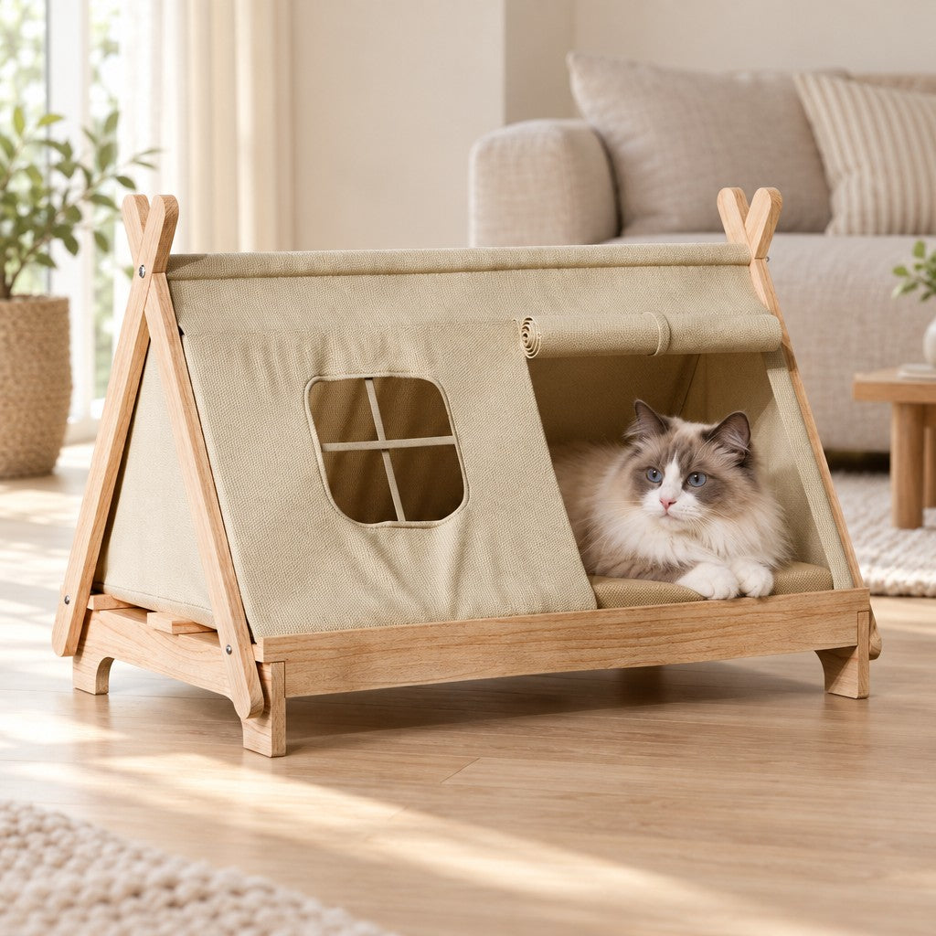 Un chat ragdoll couché à l'entrée de la tente en bois et toile beige, dans un salon clair