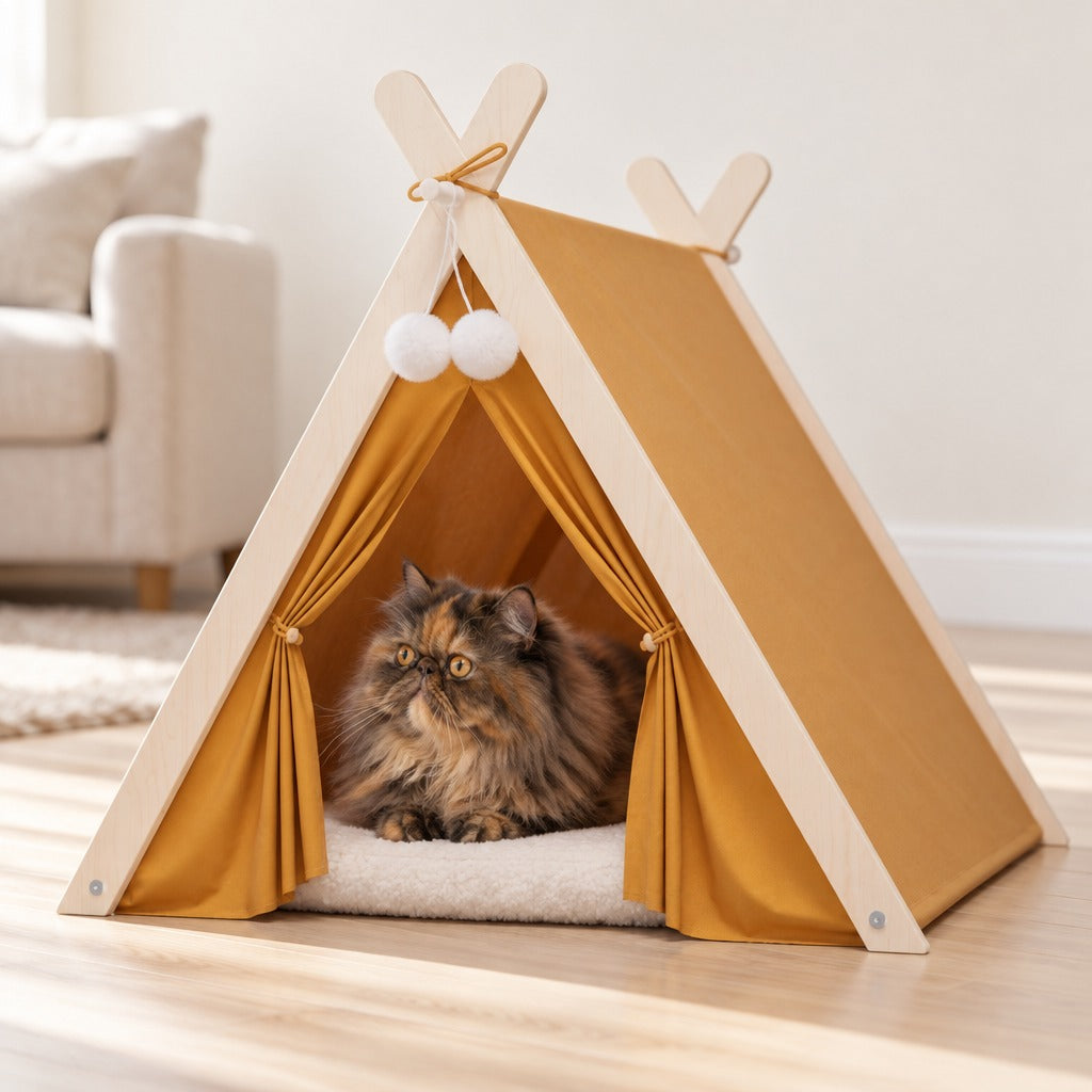 Un chat persan écaille de tortue couché sur le coussin dans la tente ocre, la tête relevée vers l'objectif