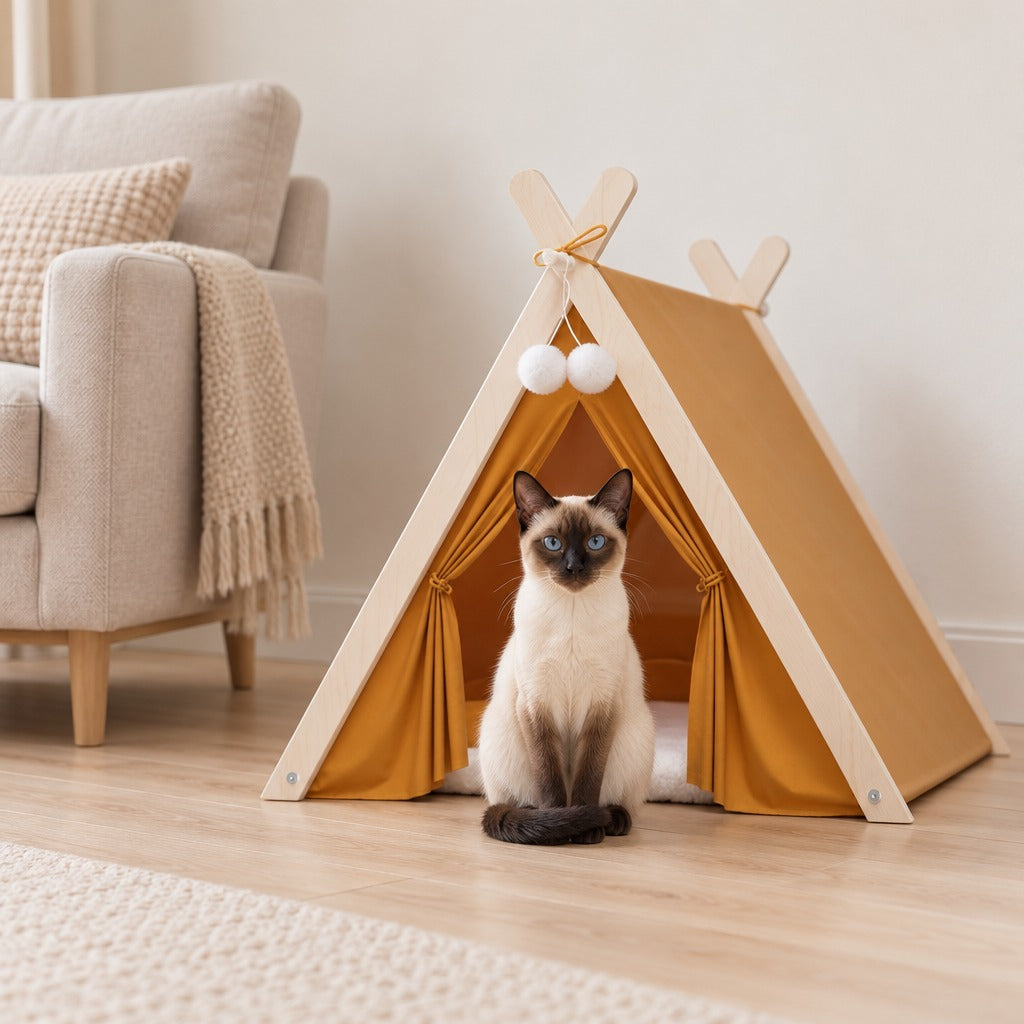 Un chat siamois crème assis bien droit devant la façade ouverte de la tente ocre, dans un salon clair