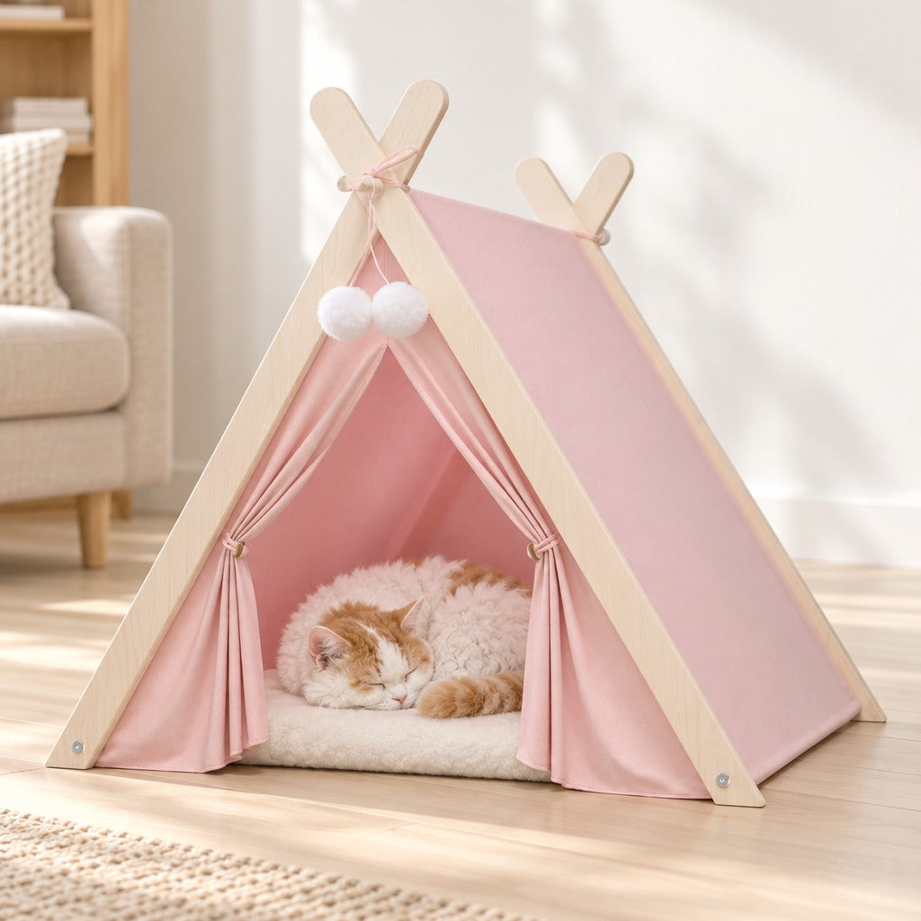Un chat blanc et roux roulé en boule sur le coussin de la tente rose poudré, dans un salon clair