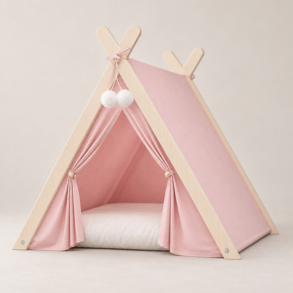 La tente rose poudré vue seule de trois quarts, ses montants de bois croisés et son coussin épais