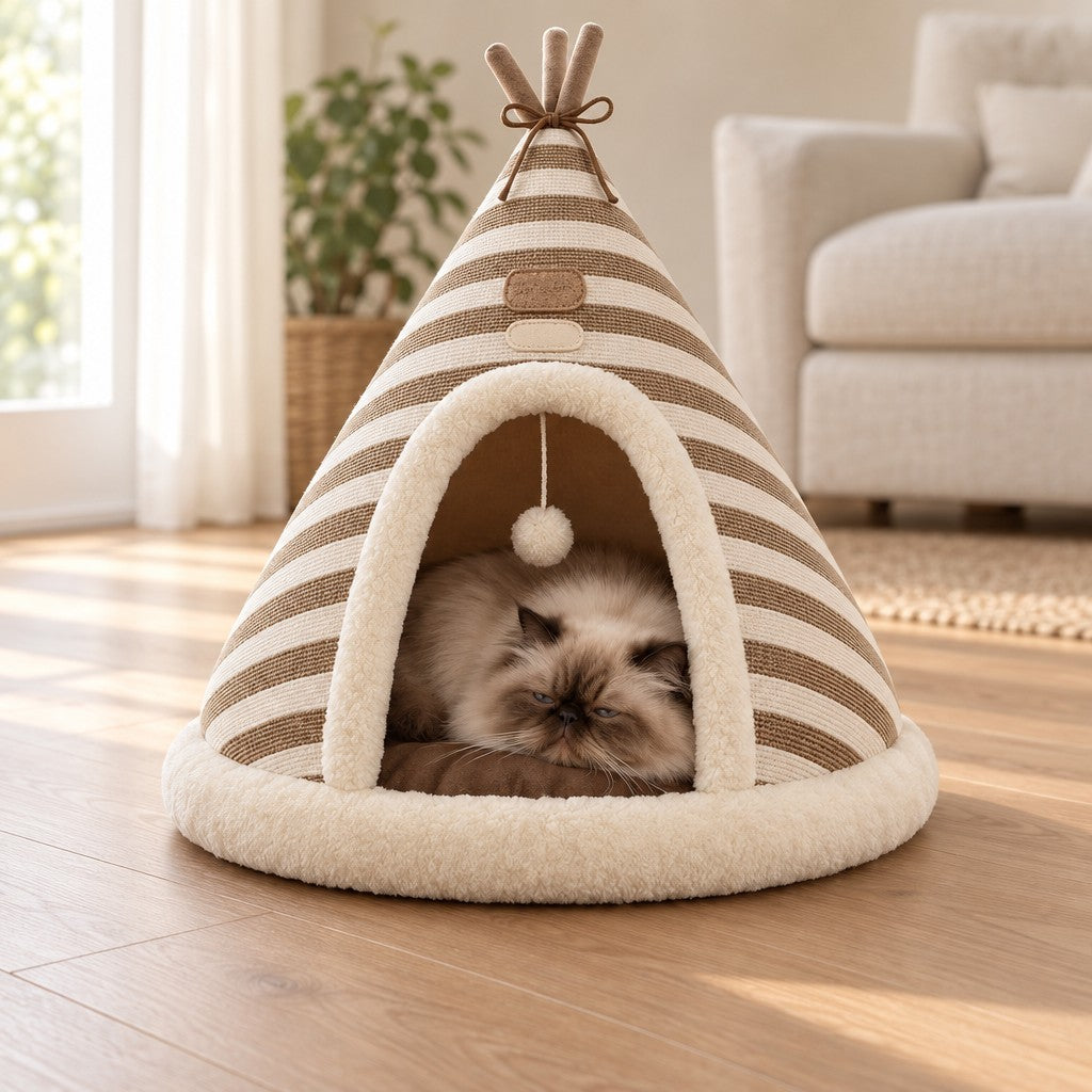 Chat au masque brun à poil long couché en boule dans la tente, seule la tête dépasse de l'arche bordée de peluche ivoire.