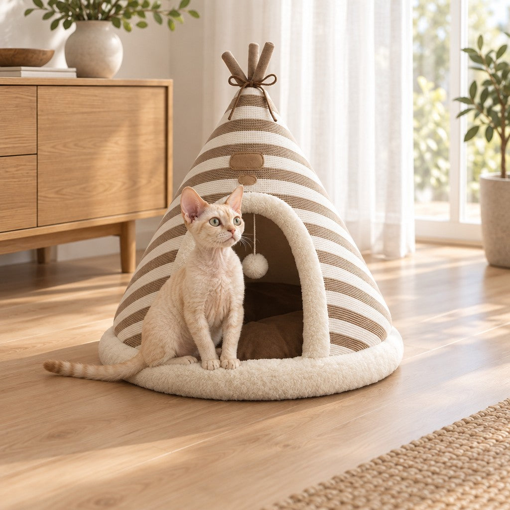 Chat crème assis devant l'entrée de la tente, les pattes avant posées sur la collerette en peluche, dans un salon clair.