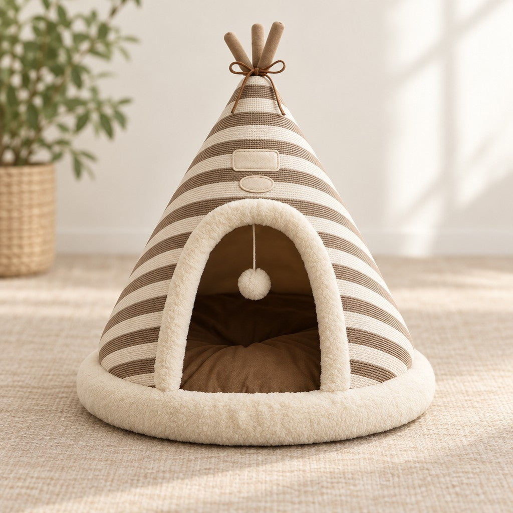La tente seule vue de face, l'arche bordée de peluche, le coussin brun au fond, la collerette au sol et les baguettes nouées au sommet.
