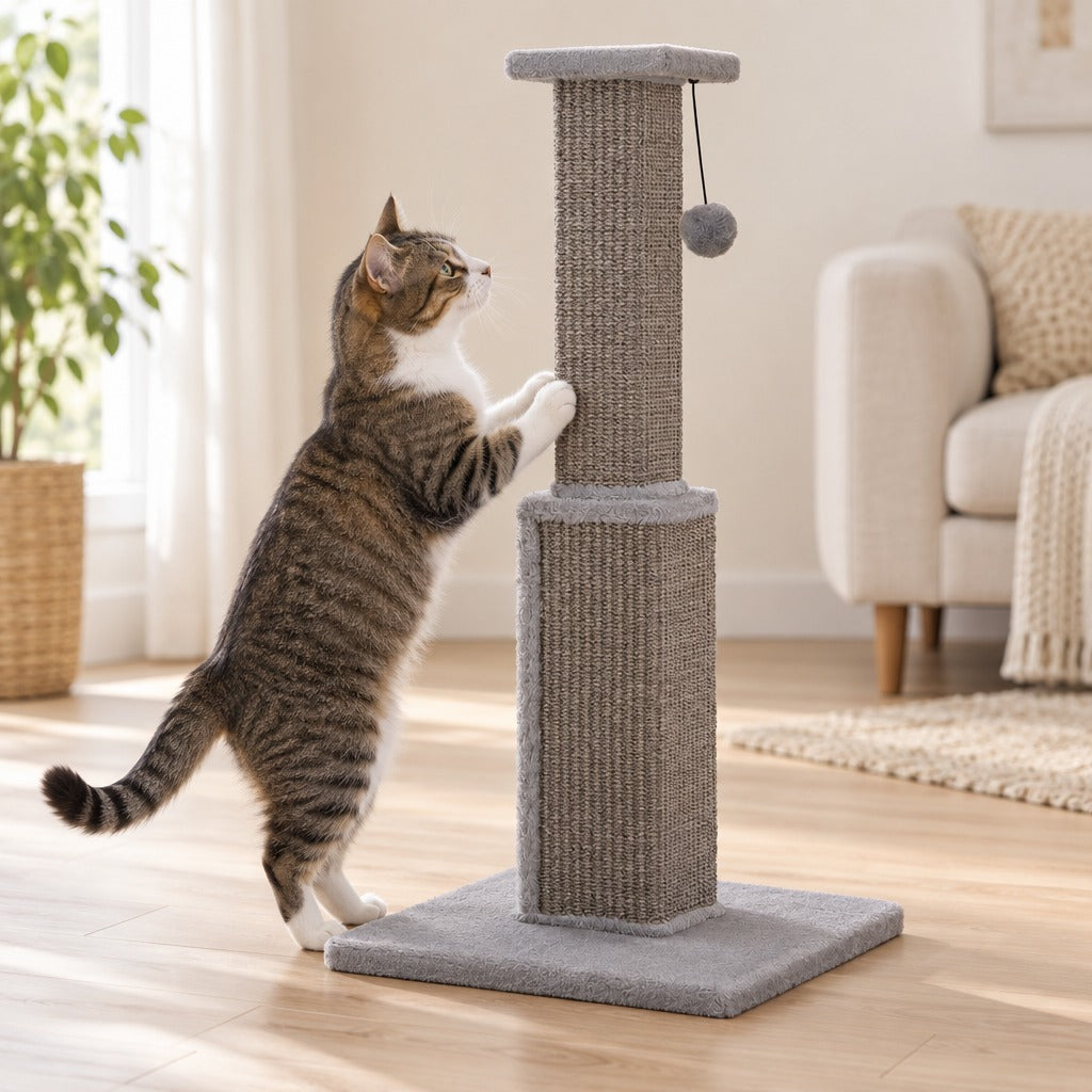 Le totem gris dans un salon, un chat dressé qui griffe le poteau du bas