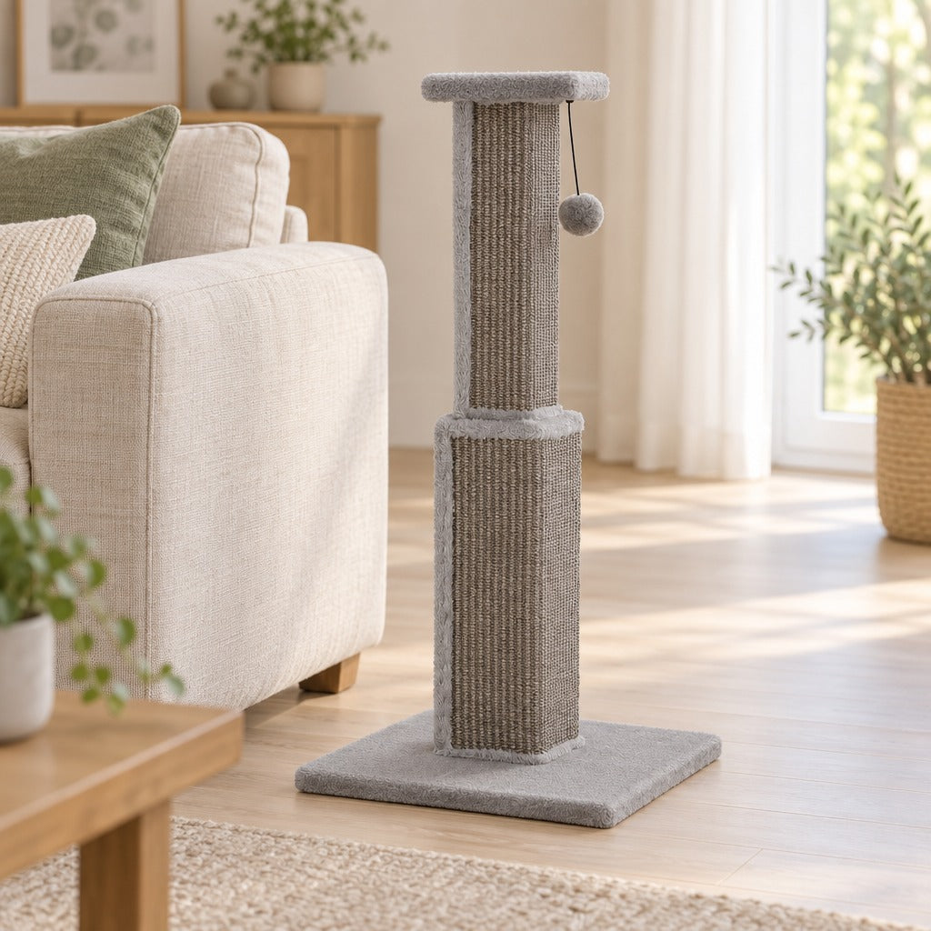 Le totem de 81 cm posé près d'un canapé en lin