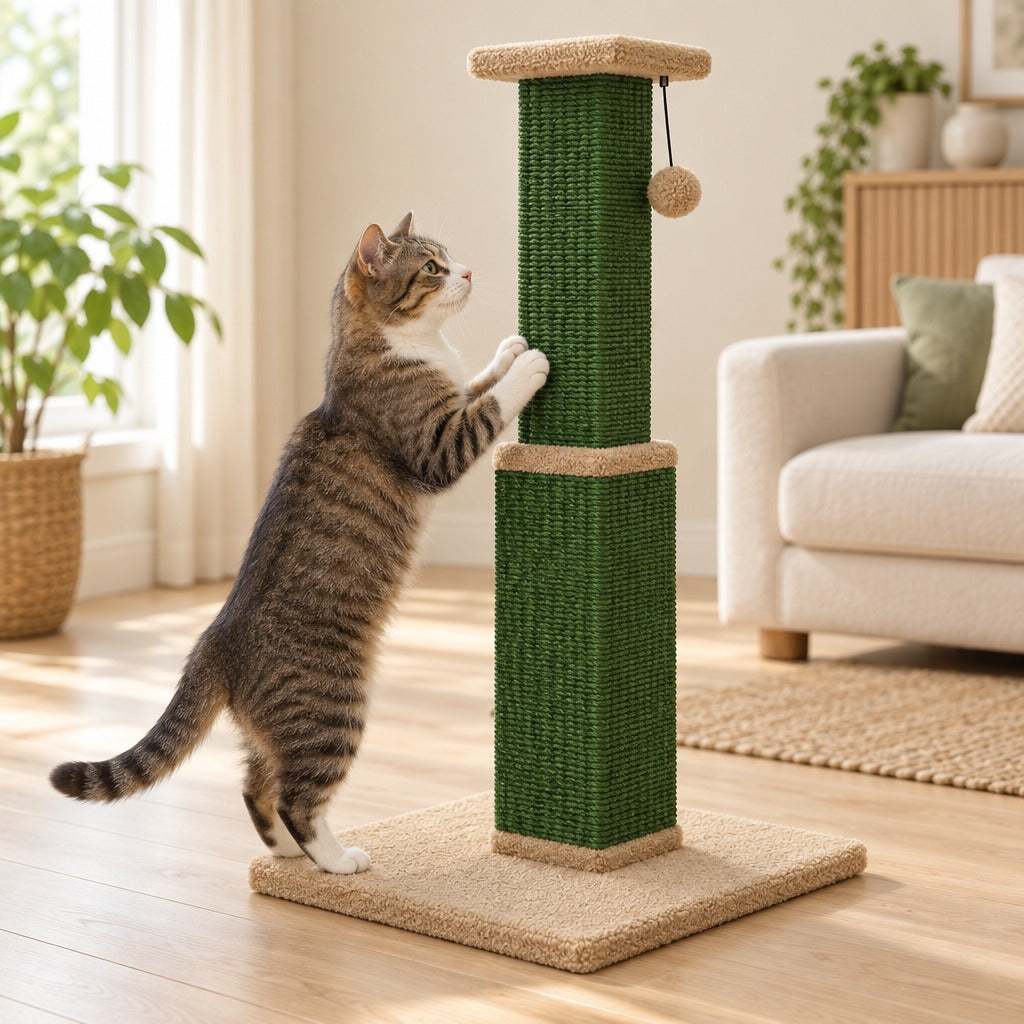 Le totem en coloris Vert, un chat dressé sur le socle