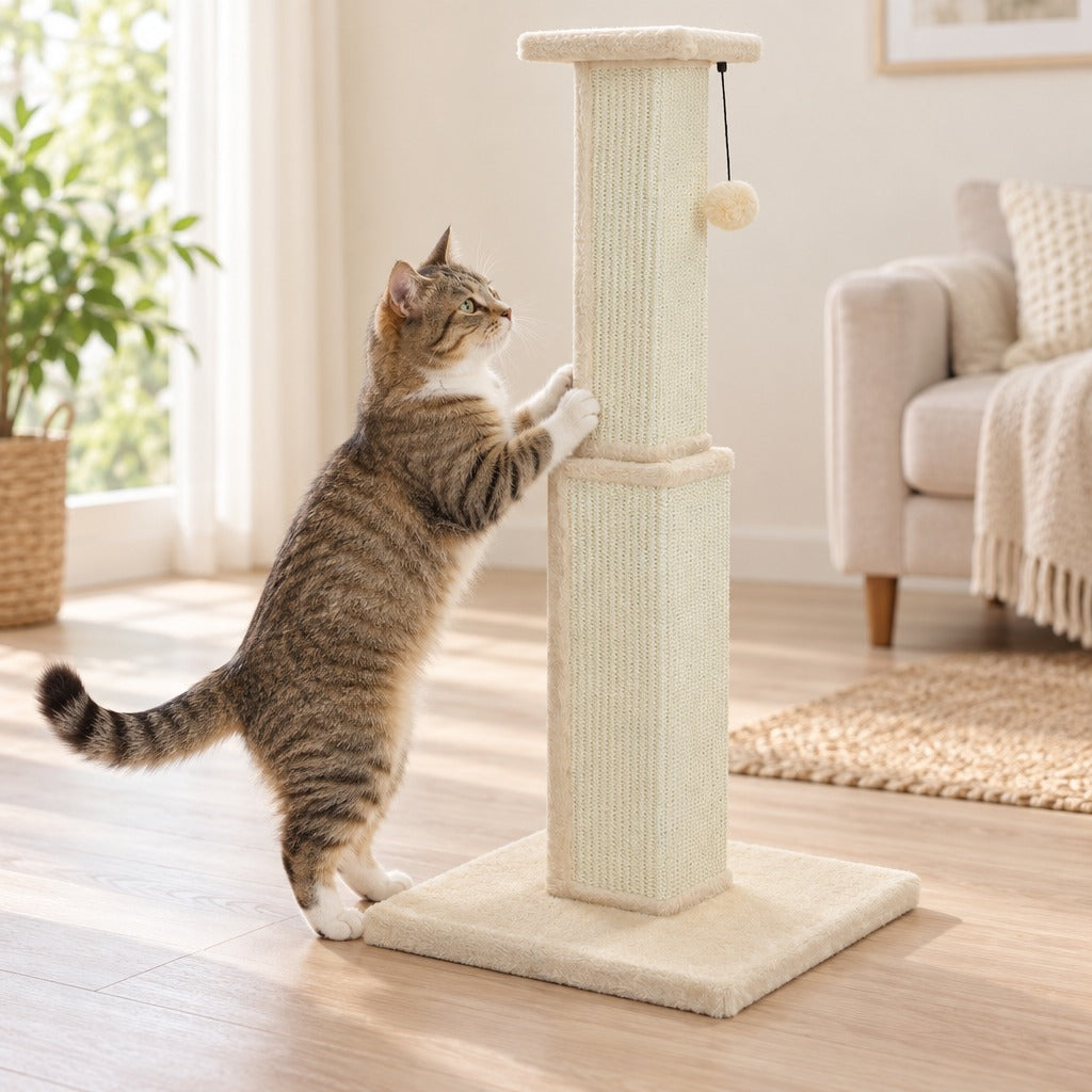 Le totem en coloris Beige, un chat dressé sur le socle