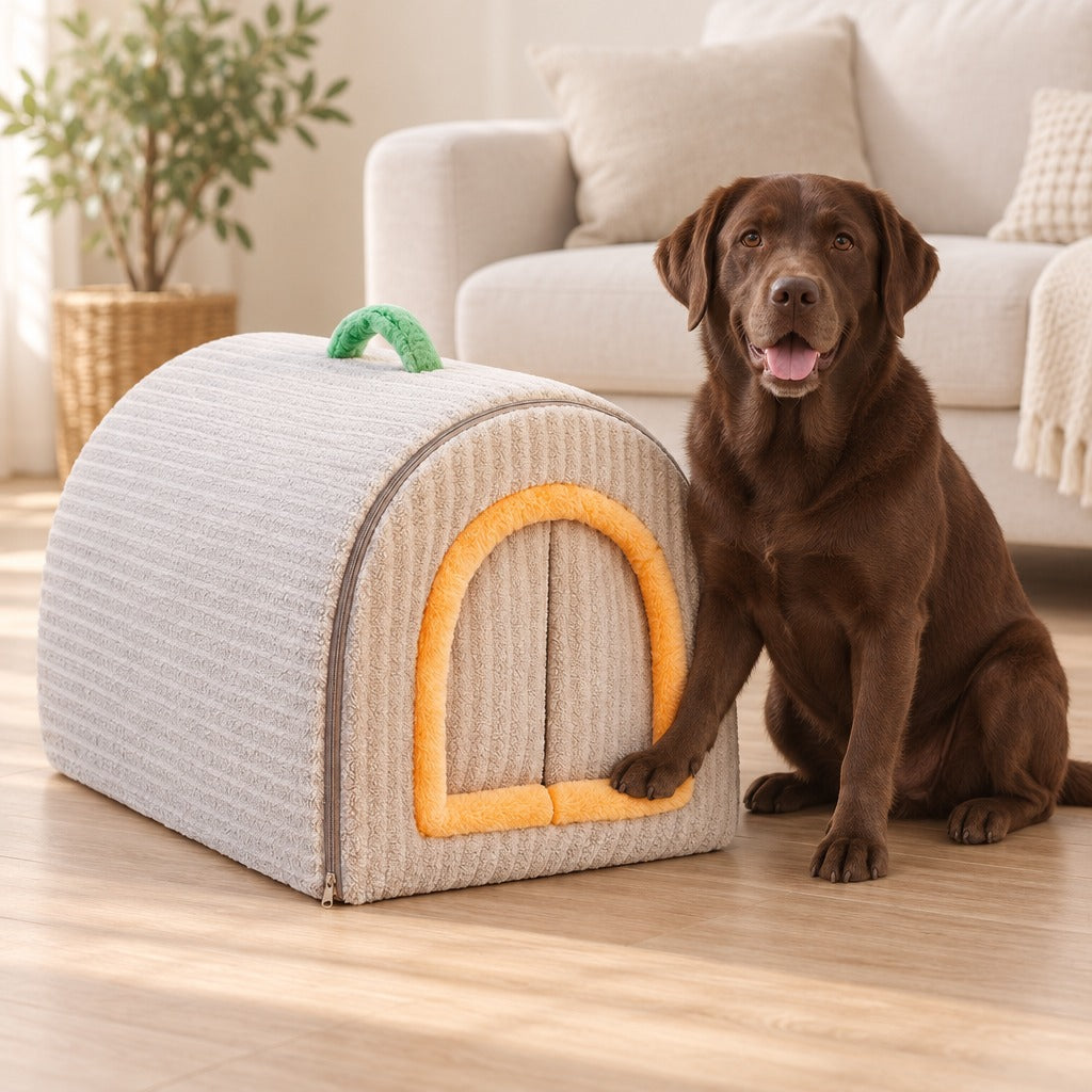 Labrador chocolat assis devant la niche tunnel gris perle, une patte avant posée sur la barre seuil en peluche.