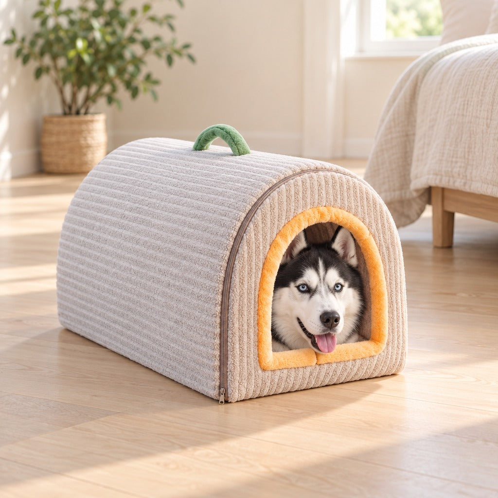 Husky sibérien installé dans la niche tunnel gris perle posée au sol d'une chambre claire, seule sa tête dépasse de l'arche.