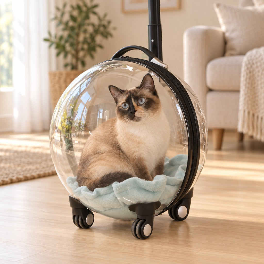 Un chat siamois écaille de tortue assis dans la valise à roulettes transparente posée sur le parquet clair d'un salon lumineux.