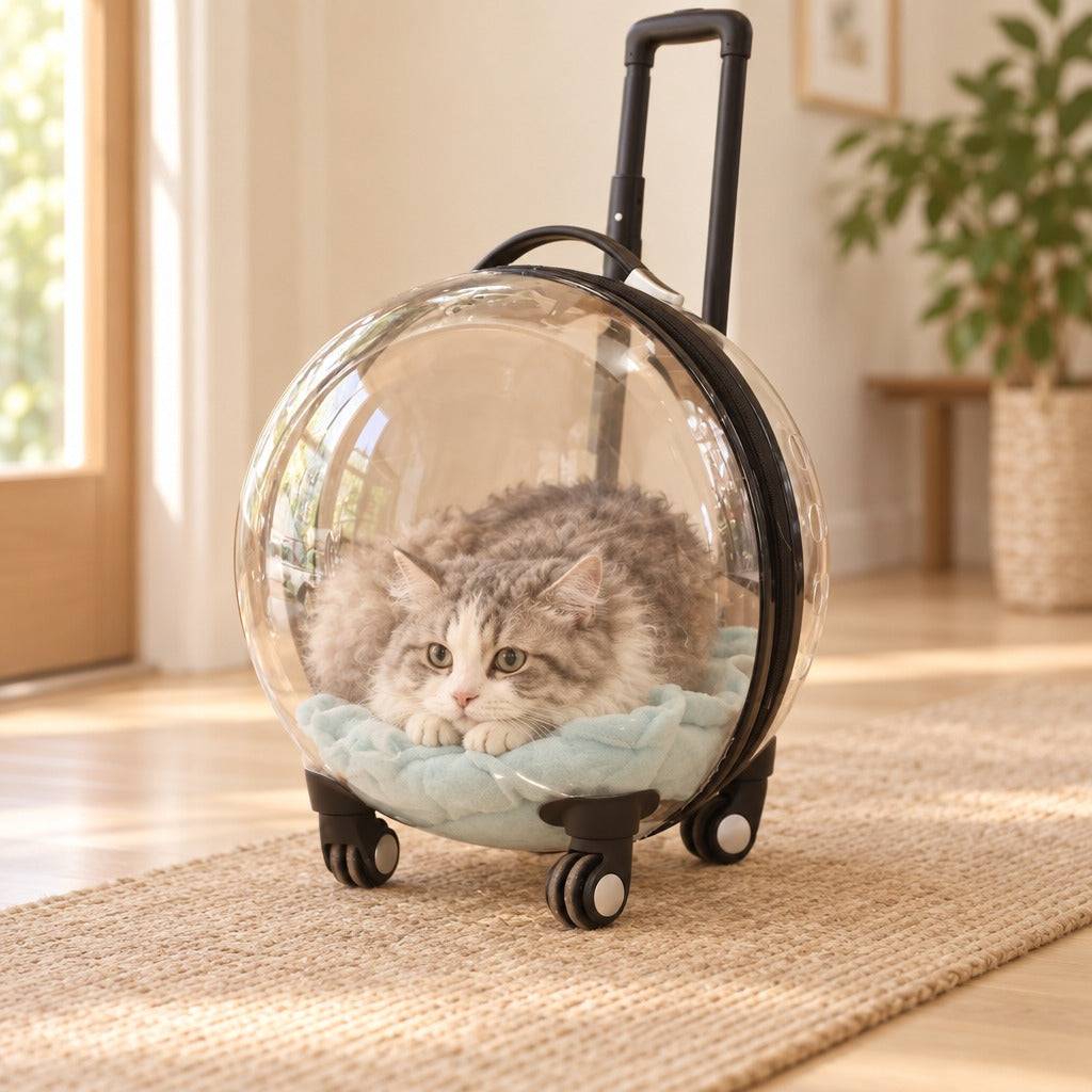 Un chat gris argenté au poil bouclé couché dans la valise à roulettes transparente, posée sur un tapis tressé dans une entrée claire.