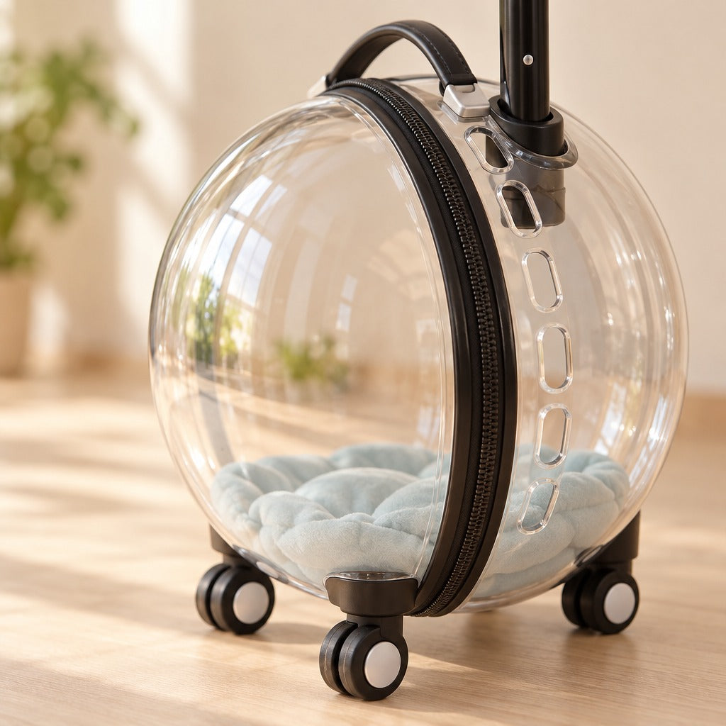 Vue rapprochée de la coque transparente de la valise à roulettes, avec sa rangée d'ouvertures d'aération et le liseré noir de sa fermeture.