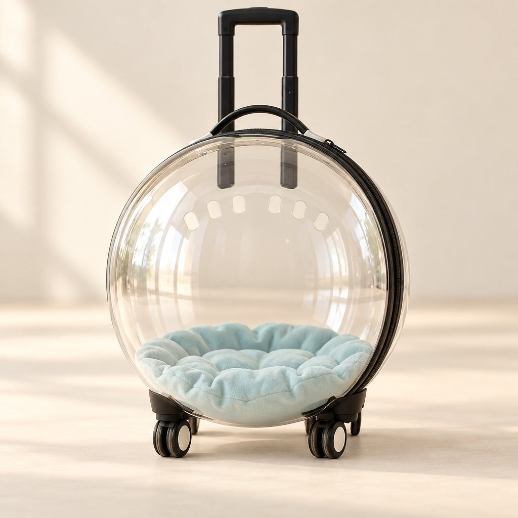 La valise à roulettes transparente vue de face sur fond clair, vide, avec son matelas bleu pâle au fond et sa canne télescopique déployée.